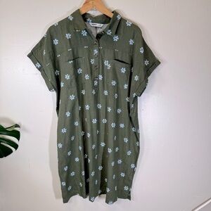 SONOMA Linen tunic button shirt dress shortsleeve olive sage green floral XXL 2X